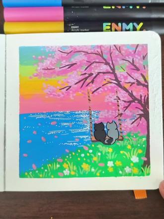 #丙烯马克笔画 #创作者中心 #创作灵感 #跟着抖音学画画 樱花树下荡秋千的小猫