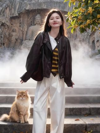 宝子们,周末去石窟玩,穿的这件2025秋季新款复古立领皮衣夹克,直接成焦点! 深棕色皮衣质感拉满,复古立领超显气场,金属扣细节满满,高级感十足。敞开穿,内搭的白T 与黄黑条纹小背心超吸睛。下身搭配的白色休闲裤,宽松版型超舒适,走路带风。脚踩棕色单鞋,整体甜酷风拿捏。 站在石窟前,旁边猫咪安静蹲坐,朋友抓拍的照片发朋友圈后,好多人求链接。还有游客小姐姐来夸,说这皮衣和石窟秋景适配度满分。真心推荐,秋季想变酷美,冲这件皮衣就对了! 话题:#2025秋季新款 #复古立领皮衣 #甜酷穿搭分享 #高级感夹克外套 #百搭休闲裤