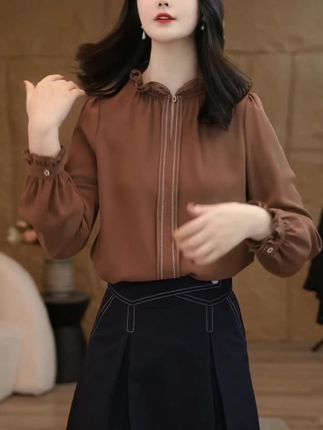 流光风曼贝衬衫女士高级显瘦8591377B摩卡棕气质衬衣