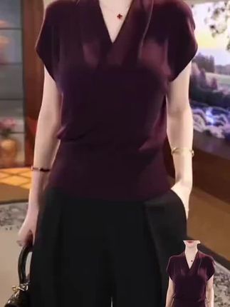 设计感时尚气质天丝V领针织衫女装2025夏季新款百搭短袖透气上衣#爆款热卖中 #好物推荐🔥 #抖音小助手 #大数据推荐给有需要的人 #天丝短袖