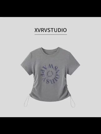 XVRV【夏上新】2025新款运动抽绳T恤洋气百搭健身显瘦正肩女上衣#爆款热卖中 #谁穿谁好看不分年龄段 #显瘦穿搭时尚女装 #每日分享