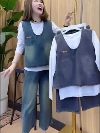 2025春夏季牛仔马甲三件套女宽松大码减龄气质网红显瘦高档套装潮#时尚简约穿搭 #时尚穿搭 #秋装新款#秋装套装#休闲套装