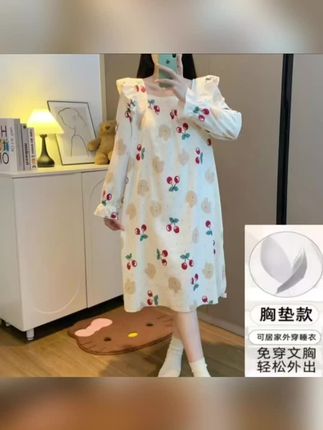 带胸垫睡裙春秋季长袖薄款睡衣女新款女士学生家居服秋天连衣裙