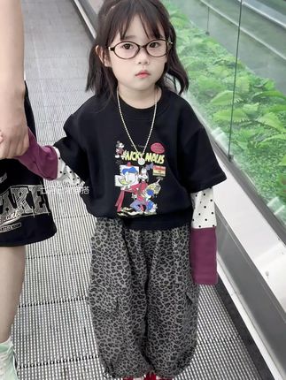女童套装2025秋季新款韩版时髦休闲卡通假两件T恤豹纹休闲裤套装#每日童装穿搭分享 #生女儿就要这样穿 #高品质童装 #潮童穿衣搭配 #酷女孩穿搭