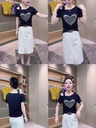 【韩紫朵 】2025网红款炸街洋气爱心漏肩拼接短袖86900#露肩短袖#拼接短袖#时尚上衣#百搭上衣#气质上衣