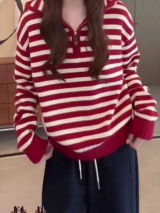 2025春秋新款连帽条纹针织衫女士宽松阔腿休闲裤时尚套装洋气女装#时尚套装 #显瘦穿搭 #穿出高级感 #时尚百搭 #谁穿谁好看