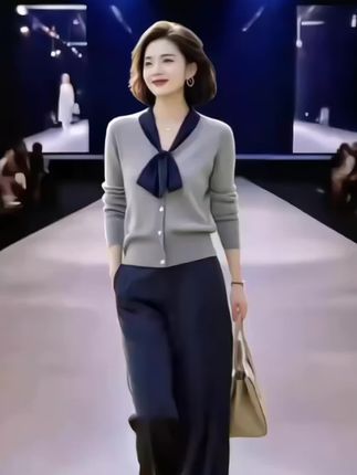 时尚设计感春秋新款拼接系带针织上衣直筒裤两件套装#优雅气质 #洋气减龄 #高端大气 #谁穿谁漂亮