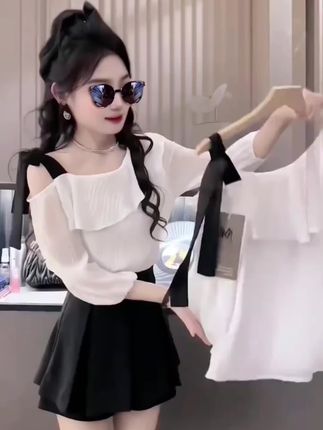 衬衫女半袖夏季韩版新款灯笼袖洋气超仙雪纺上衣斜肩吊带露肩t恤