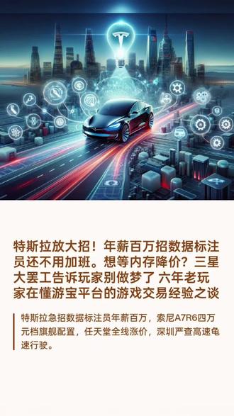 特斯拉放大招!年薪百万招数据标注员还不用加班。懂游宝 2026年5月8日 小言极客社科技快讯
一、年薪百万还不用加班,特斯拉这波招聘让打工人酸了
急招数据标注员,覆盖四城八岗,AI工程总监亲自挖人
二、索尼放大招,A7R6直接把旗舰配置下放到四万元档
6700万像素堆栈式传感器配30张/秒连拍,100-400mm GM镜头同步亮相
三、想等内存降价?三星大罢工告诉玩家别做梦了
工会威胁5月下旬发起18天罢工,HBM产能被AI挤占后DDR5雪上加霜
四、六年老玩家终于找到省心又实在的游戏交易方式
零手续费、无押金、资金全程托管,挂多少到手就是多少
五、别再指望原价买Switch了,任天堂官宣全线涨价
NS2日本涨价一万日元,旧款机型同步上调,Online会员费也难逃
六、高速上的“并排散步”把后车急坏了,按喇叭闪灯全没用
两车龟速占据两车道时速仅80公里,深圳已开罚:记3分罚500
#特斯拉 #人工智能