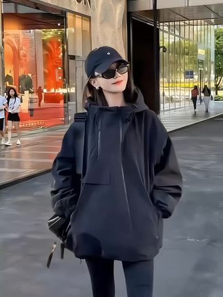连帽冲锋衣休闲外套女中长款春季新款宽松高级感小个子上衣#时尚穿搭 #外套穿搭 #春秋穿搭 #秋冬穿搭 #夹克外套