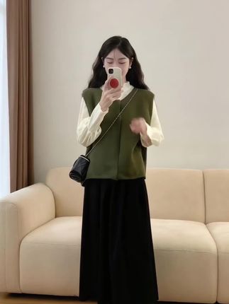 大码百搭针织毛衣背心马甲设计感小众蕾丝打底衫半身裙复古穿搭