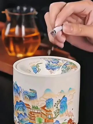这款千里江山汝窑烟灰缸漏斗式设计真是美观又实用也可以当作茶渣缸使用#烟灰缸 #茶渣缸 #茶洗缸 #漏斗型烟灰缸 #烟灰缸摆件