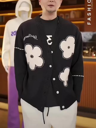 #2025秋季新款V领毛衣慵懒风时尚休闲提花情侣毛衣开衫外套6767#每日分享 #潮牌穿搭 #新品穿搭