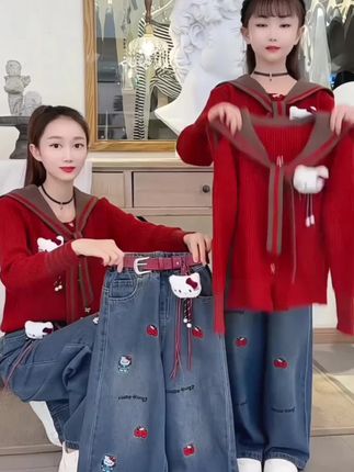 #女童潮酷穿搭 #高品质童装#女童洋气套装#女童牛仔阔腿裤#女童毛衣@巨量千川
