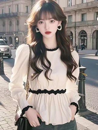 法式甜美白色长袖衬衫女秋季2025新款高级感小众独特打底收腰衬衣#视频同款