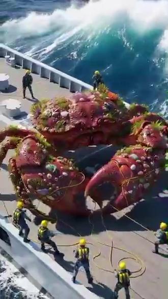 我的个天呐啊~!,水手们给螃蟹喷洒着白色液体,洗刷着螃蟹壳,