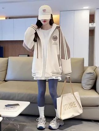 加绒加厚棒球服女冬季棉服初高中学生宽松休闲刺绣连帽卫衣外套潮