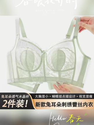 【源头好物】2件装!朦胧轻奢刺绣蕾丝内衣大胸显小调整型兔耳朵文胸#透气舒适 #舒适文胸 #面料舒适透气 #文胸 #文胸上新