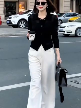 入春穿搭一整套黑色长袖针织开衫宽松白色阔腿裤盐系炸街两件套装#针织开衫 #阔腿裤 #炸街两件套#入春穿搭