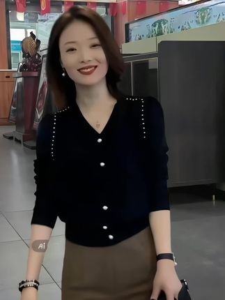 轻奢钉珠V领针织衫女长袖上衣宽松显瘦气质毛衣短款外套春秋新款#气质百搭 #高级穿搭 #气质范 #完美搭配 #时髦穿搭