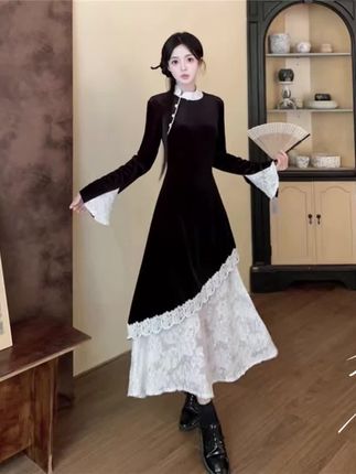 大码新中式改良版旗袍裙子2025春秋季新款胖mm蕾丝拼接显瘦长裙女#高级感穿搭 #轻复古风 #气质仙女裙穿搭 #新中式国风裙推荐 #重工刺绣