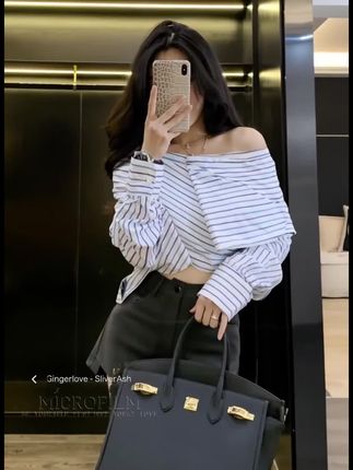 一字肩条纹衬衫女2025秋季新款设计感不规则法式高级感独特小上衣#无限回购的宝藏单品 #今日穿搭 #高级感穿搭 #休闲穿搭 #时尚穿搭