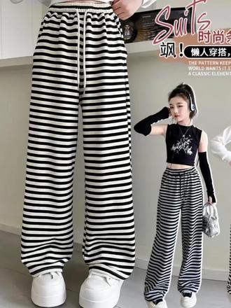 女童裤子 女童休闲裤子2026新款6-12岁中大童洋气百搭宽松春夏季条纹阔腿裤#高品质童装 #晒晒我家萌娃的穿搭 #秀一下萌娃暑假度假穿搭 #女童休闲裤子套装