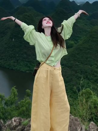 2025夏季新款韩系慵懒风薄款长袖衬衫女气质百搭直筒休闲裤套装 #休闲套装  #懒惰风  #长袖衬衫  #休闲裤  #甜美女孩