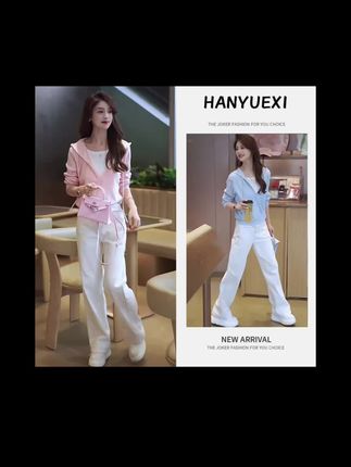 早春时尚一整套女装2025新款韩版假两件连帽上衣高腰牛仔裤两件套#早秋新款搭配#谁穿谁好看特别有女人味 #套装 #时尚穿搭