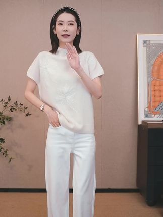 CHENSMCHEN 绵羊毛珠片绣花半高领针织衫女时尚百搭上衣CSZ8246WY#优雅气质 #高级感穿搭 #轻奢女装 #气质范 #高级穿搭