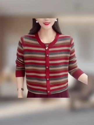 时尚复古长袖圆领拼接条纹毛衣女秋冬遮肚减龄打底衫套头上衣#毛衣 #秋冬穿搭 #显瘦遮肉 #打底衫 #面料柔软舒适