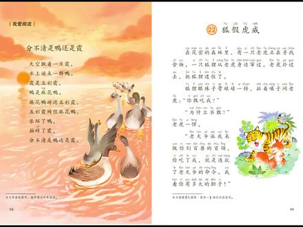 语文-二年上级册 第99页 22 狐假虎威 在茂密的森林里,有一只老虎正在寻找 食物。一只狐狸从老虎身边窜过。老虎扑过 去,把狐狸逮住了。狐狸眼珠子骨碌碌一转,扯着嗓子问老 虎:“你敢吃我?”
“为什么不敢?” 老虎一愣。“老天爷派我来 做你们百兽的首领, 你吃了我,就是违抗了老天爷的命令。我看你有多大的胆子!”
老虎被蒙住了,松开了爪子。狐狸摇了摇尾巴,说:“我带你到百兽 面前走一趟,让你看看我的威风。”老虎跟着狐狸朝森林深处走去。狐狸神气活现,摇头摆尾;老虎半信半疑,东 张西 望。森林里的野猪啦,小鹿啦,兔子啦,看见狐狸大摇大摆地走过来,跟往常很不一样,都很纳闷。再往狐狸身后一看,呀,一
只大老虎!大大小小的野兽吓得撒腿就跑。老虎信以为真。其实他受骗了。原来, 狐狸是借着老虎的威风把百兽吓跑的。