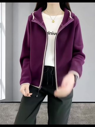 秋冬女户外抓绒衣保暖加厚连帽开衫弹力加绒时尚外套#穿搭分享每一天 #外套穿搭 #面料舒适透气 #时尚洋气