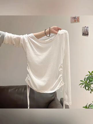 韩版纯色防晒罩衫绑带褶皱长袖T恤女2025夏季微透休闲薄款上衣女#长袖t恤 #上衣女 #夏季穿搭