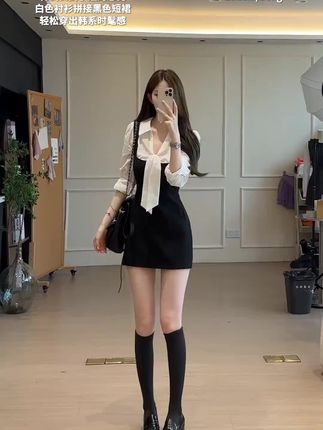 #舒胡蕾 日漫少女 韩系假两件撞色拼接蝴蝶结收腰短款连衣裙#爆款热卖中