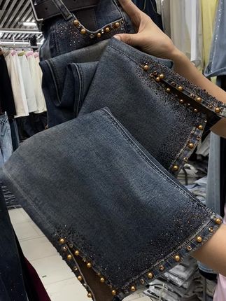 重工钉珠长款牛仔微喇裤#长裤女