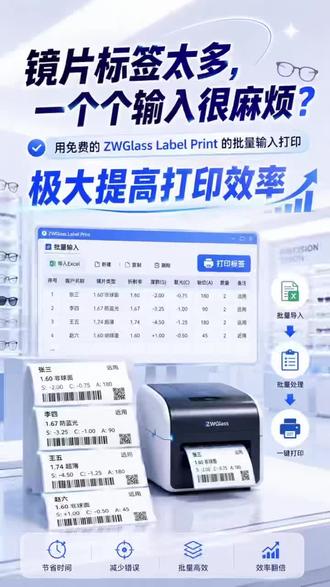 免费标签打印工具|ZWGlassLabelPrint批量输入 镜片标签太多,一个个输入太麻烦?
本视频介绍 ZWGlass Label Print 的批量输入打印功能,帮助眼镜店、配镜加工、仓库标签等场景快速生成并打印标签。
使用网站:
https://label.zwglass.net/
通过批量输入内容,可以一次性生成多个标签,减少重复操作,提高打印效率。适合需要频繁打印镜片标签、商品标签、编号标签的用户使用。
ZWGlass Label Print 简单、高效、免费使用。
欢迎体验并分享给需要标签打印工具的朋友。
#条码打印标签 #打印优惠 #专业打印机推荐 #热门话题打印机怎么选 #打印省钱技巧