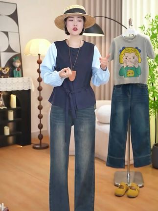 休闲假两件拼接半身裙套装女春秋2025新款减龄温柔风ootd穿搭超火#假两件 #上衣 #春秋上衣 #拼接上衣 #衬衫