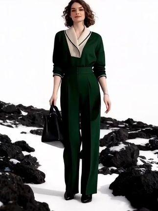 2025春秋新款高级感撞色拼接上衣女高腰洋气优雅直筒休闲裤两件套#白色连衣裙小个子 #职业穿搭 #每日分享 #经典音乐