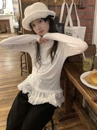 THE MORE丨温柔风通勤纯色褶皱拼接长袖T恤白色修身设计感小众#长袖T恤 #拼接上衣 #女装 #修身上衣