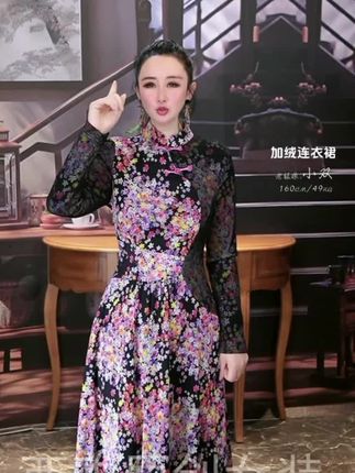 加绒弹力网纱连衣裙秋冬T006368-1
