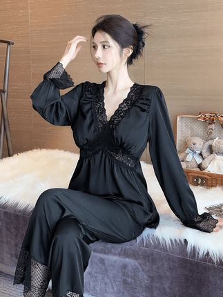 睡衣女春秋金丝绒冰丝长袖性感蕾丝黑色薄款纯欲带胸垫春夏家居服#睡衣女神美高高