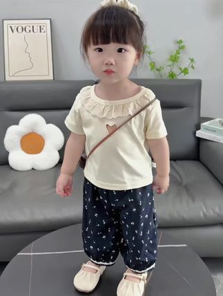 女宝宝夏季短袖套装2025新款女童夏天T恤灯笼裤长裤防蚊裤俩件套#童装 #女童套装