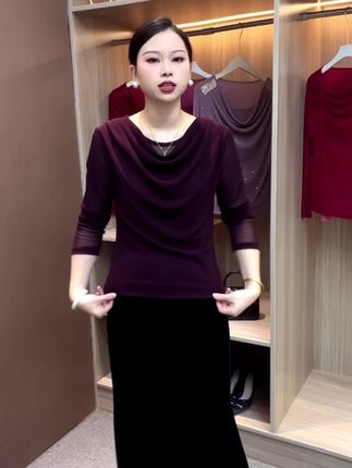 #洋气小衫 夏季新品长袖堆堆领打底衫百搭女上衣高弹力网纱显瘦遮肉款妈妈装#百搭上衣 #女装
