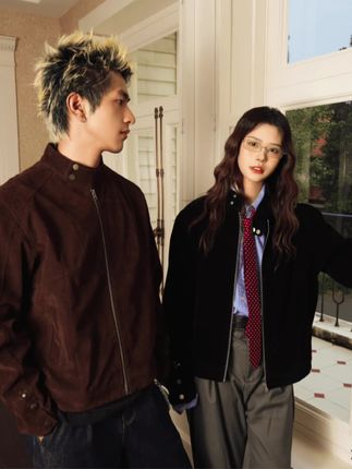 SOSTINE「摩登街头 复古夹克 」复古绒皮工艺男女立领哈灵顿外套