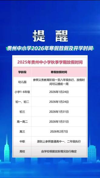 提醒 贵州中小学2026年寒假放假及开学时间