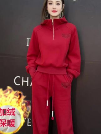 #仙梦语秋冬加绒加厚保暖连帽卫衣套装女本命年红色洋气时尚不起球#穿搭减龄浪漫