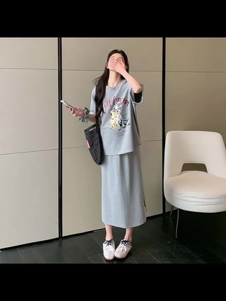 孕妇装夏季宽松短袖印花T恤搭配托腹半身裙时尚休闲韩版辣妈套装#孕妇穿搭 #孕妇装 #孕期穿搭#孕妈穿搭#孕妈装