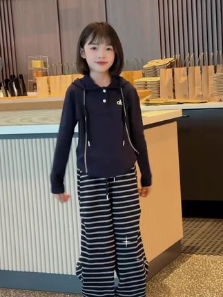 女童2025新款休闲套装秋装洋气中大儿童条纹连帽卫衣阔腿裤两件套#高品质童装 #女童连衣裙 #生女儿就要这样穿 #女童穿搭 #女童套装