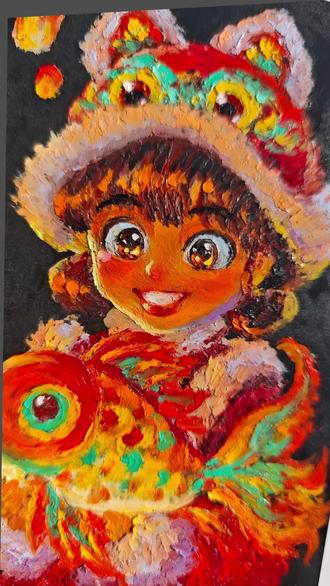 新年鲤鱼灯虎头帽女孩春节国潮手绘油画棒绘制过程色号分享教程#虎头帽 #画画教程 #跟着抖音学画画 #抖音年味艺术图鉴 #2026绘画开年挑战